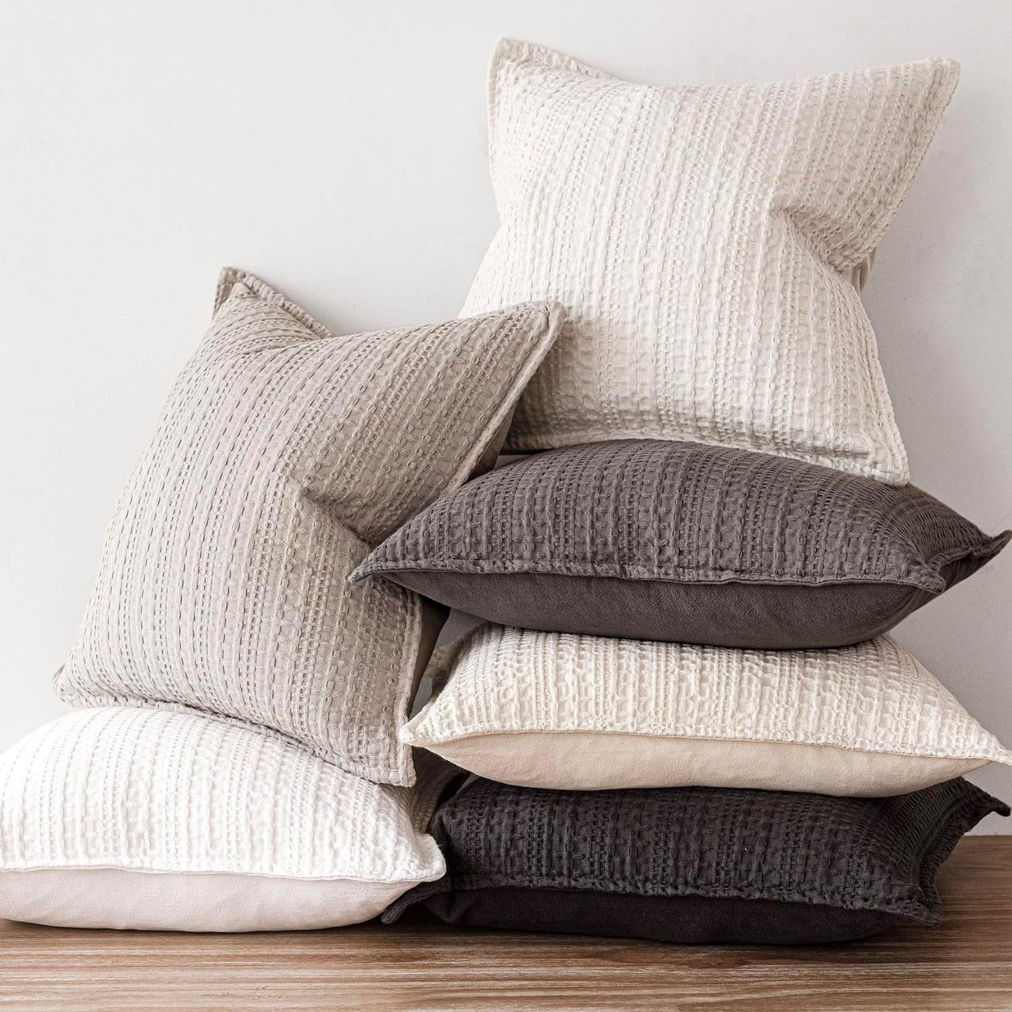 Foindtower Set of 2 Decorative Cotton Waffle Weave Throw Pillow Covers Euro Shams Cushion Covers Accent European Pillowcase for Bed Couch Sofa Bedroom Living Room Home Decor 18×18 Inch Dark Grey