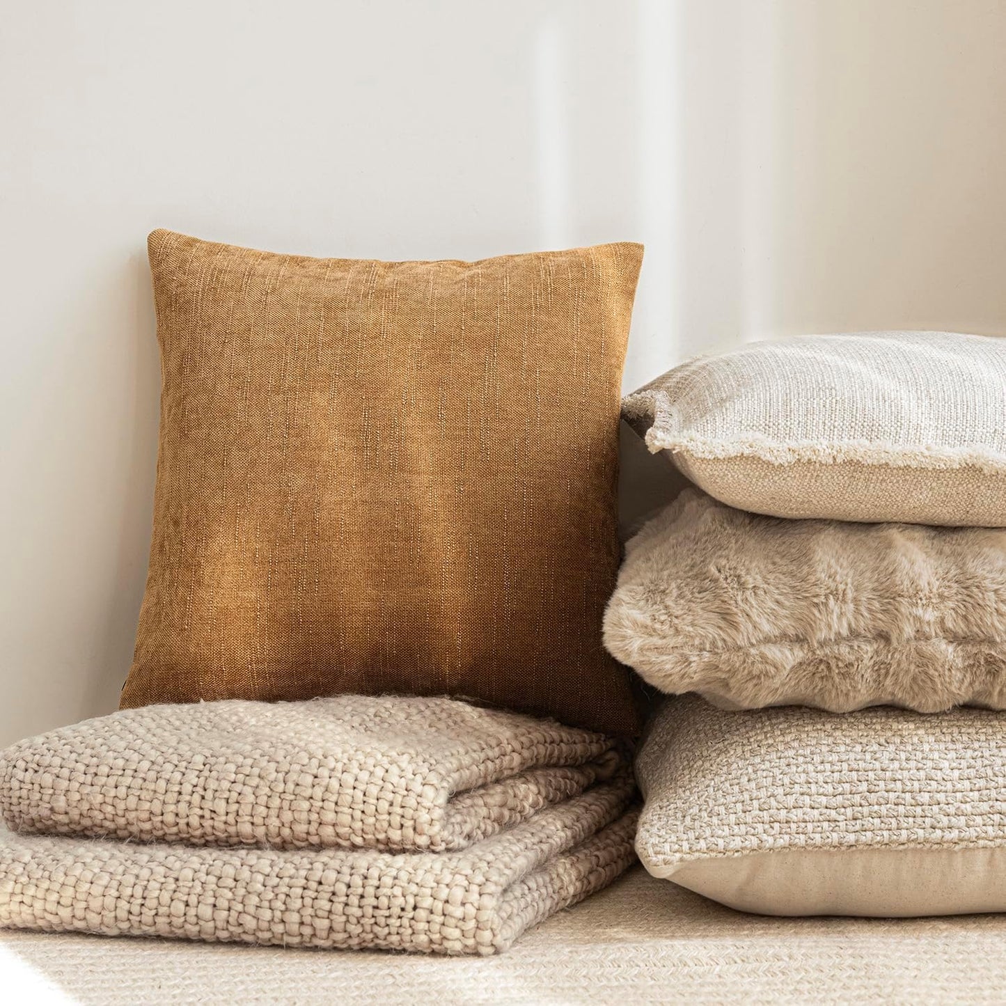 Foindtower Set of 2 Soft Textured Chenille Throw Decorative Pillow Covers Square Accent Solid Cushion Cover Neutral Farmhouse Pillow Case for Couch Sofa Bedroom Living Room 16x16 Inch,Golden Brown