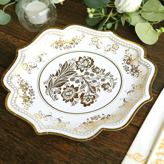 Efavormart 25 Pack White Gold Paper Dinner Plates in French Toile Floral Pattern, 10" Disposable Party Plates with Scalloped Rims - 300 GSM