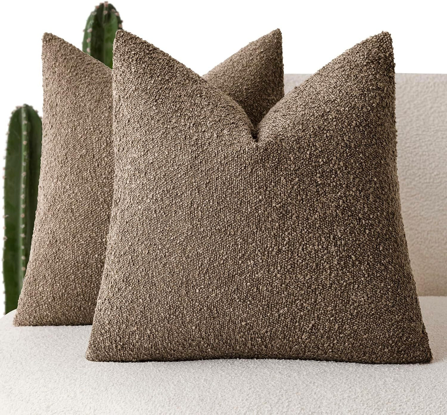 Foindtower Set of 2, Decorative Textured Boucle Throw Pillow Covers Accent Solid Pillow Cases Neutral Soft Cozy Couch Cushion Case for Chair Sofa Bedroom Living Room Home Decor 16x16 Inch Light Brown