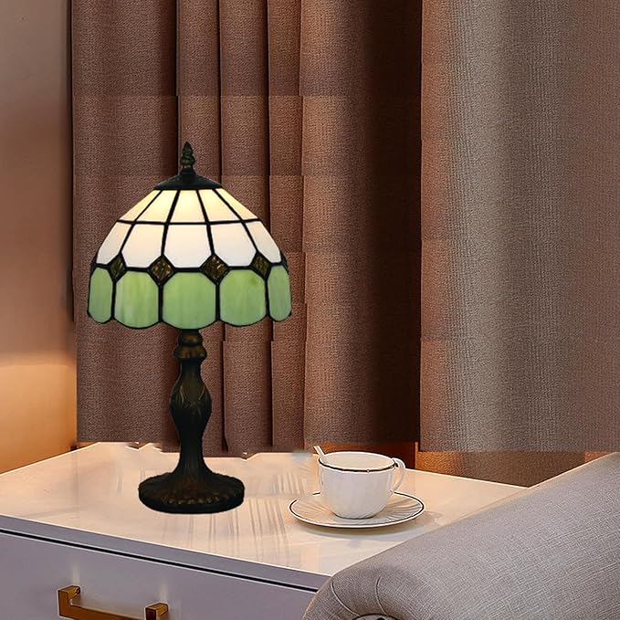 Tiffany Table Lamp 8'', Green Tiffany Style Table Lamp for Bedroom Study Office Home Stained Glass Lamp