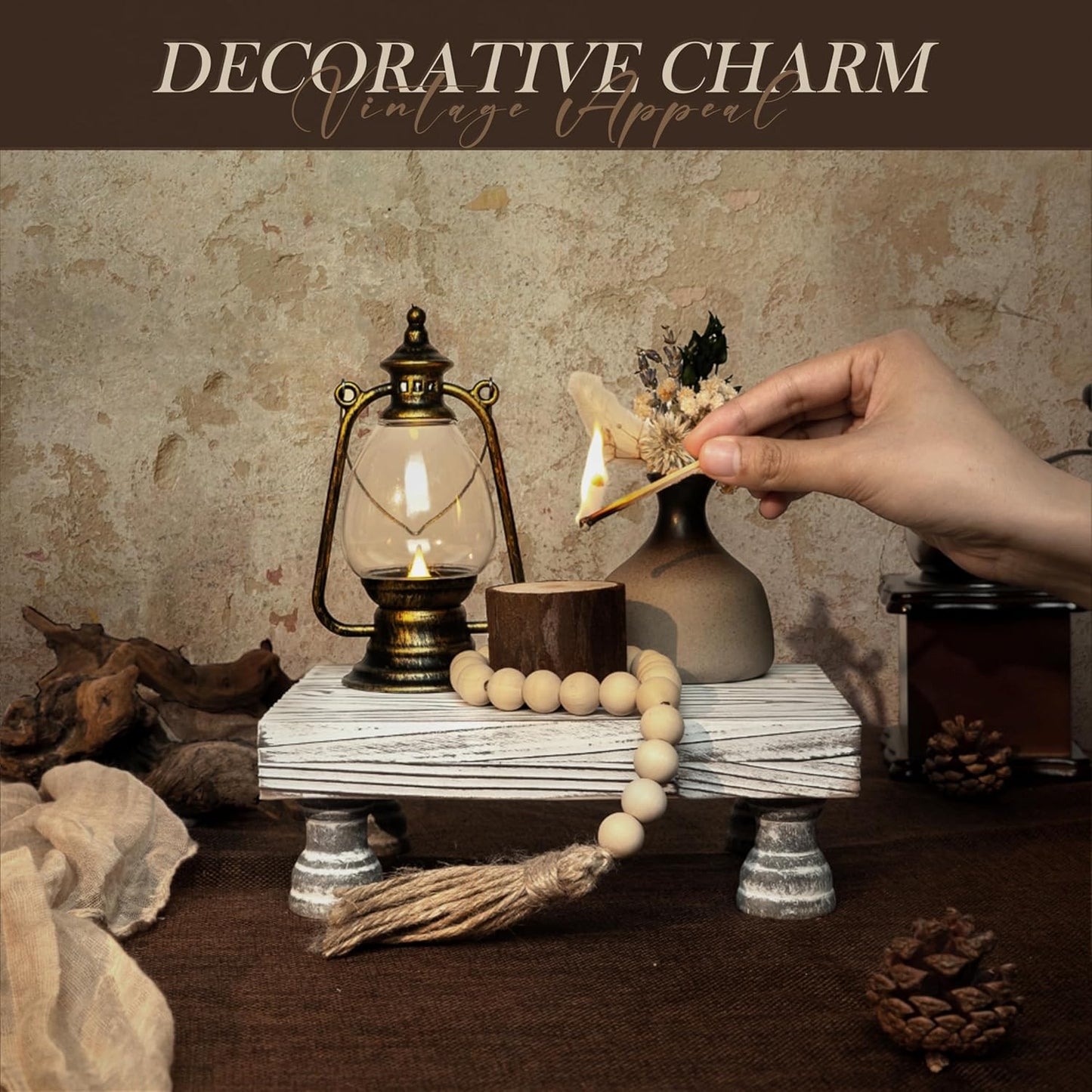 EOSAHR Boho Fir Wood Risers for Decor for Small Vanity - Decorative Risers Display Stand for Home Decor - Double as Plant Stand & Perfume Organizer (Distressed White, 8.5")