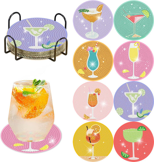Cocktail Diamond Painting Coasters Kits for Adults, 8PCS Diamond Art Coaster Kits with Holder, Small Diamond Painting Kits for Adults Art Craft Supplies