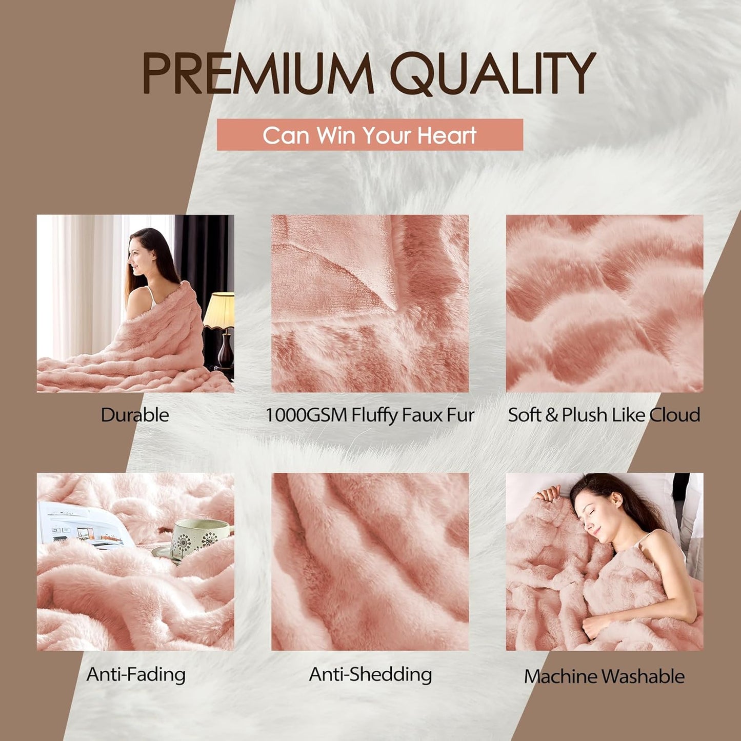 Luxury 1000GSM Faux Rabbit Fur Throw Blanket, Super Heavy Warm Cozy Blankets for Couch Bed Sofa, Bubble Plush Fuzzy Elegant Soft Reversible Mink Blanket for Living Room Bedroom, Pink