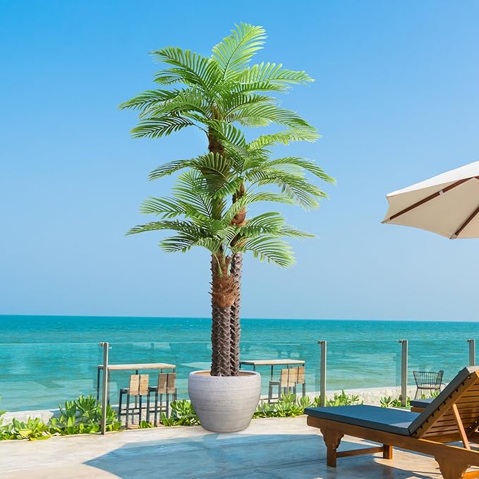 10ft Tall Artificial Palm Tree for Outdoors - Triple Phoenix Palm, UV Resistant, Large Fake Silk Palm Tree - Perfect for Patio, Poolside, Home Indoor Aesthetic Decor