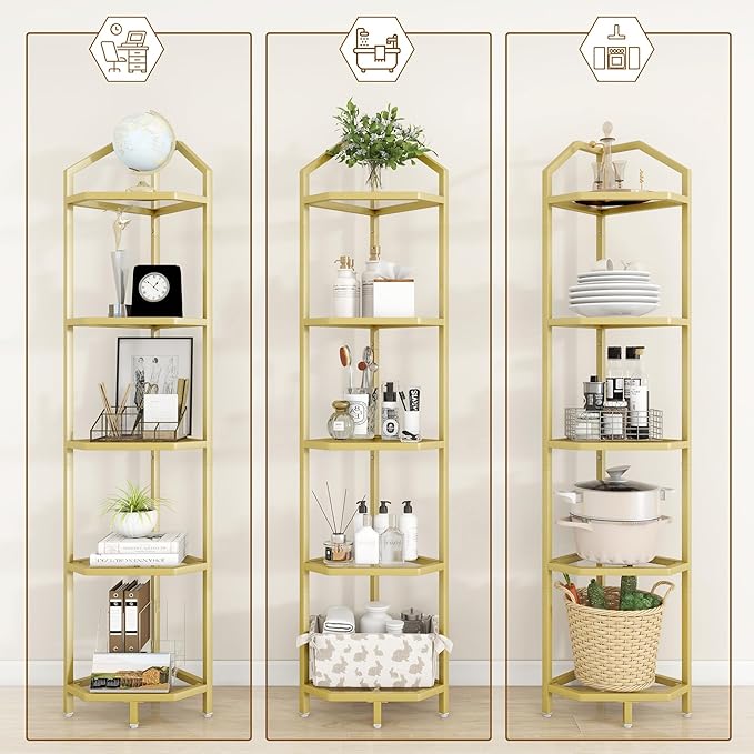 5-Tier Corner Shelf Stand, Gold Corner Bookshelf, Bathroom Storage Rack Shelf, Plant Rack, Tempered Glass, Steel Frame, Modern Style for Living Room, Bathroom, Kitchen, Metallic Gold