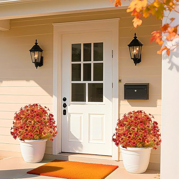 2 Pack Fall Artificial Mums Topiary Ball Tree with Ground Spike Boxwood 25" UV Resistant Fake Greenery Shrub Faux Violet Plant Fall Decorations Flower for Garden Yard Porch Patio Autumn Outdoor Decor