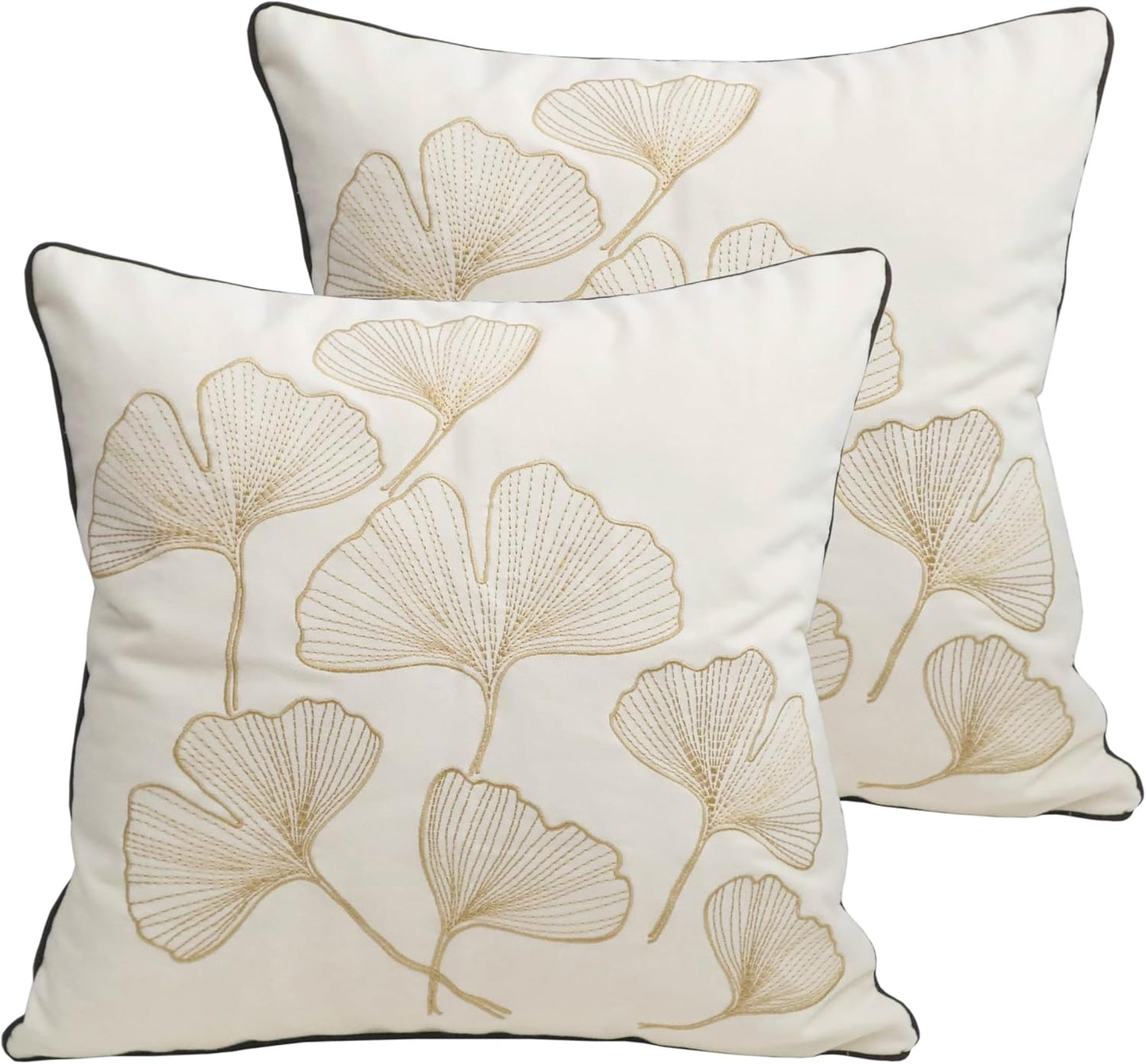 Embroidery Throw Pillow Covers 18x18 Fine Thread Golden Ginkgo Leaves Home Decor Floor Pillow Cover for Couch 100% Cotton Cushion Cover Embroidered Throw Pillow Case 45x45cm, 2 Pieces