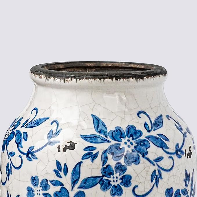 Blue and White Ceramic Vase for Flowers,9 inch Rustic Vintage Chinoiserie Vases Home Decor, Farmhouse Decor, Shelf, Living Room, Bedroom, Table Decoration