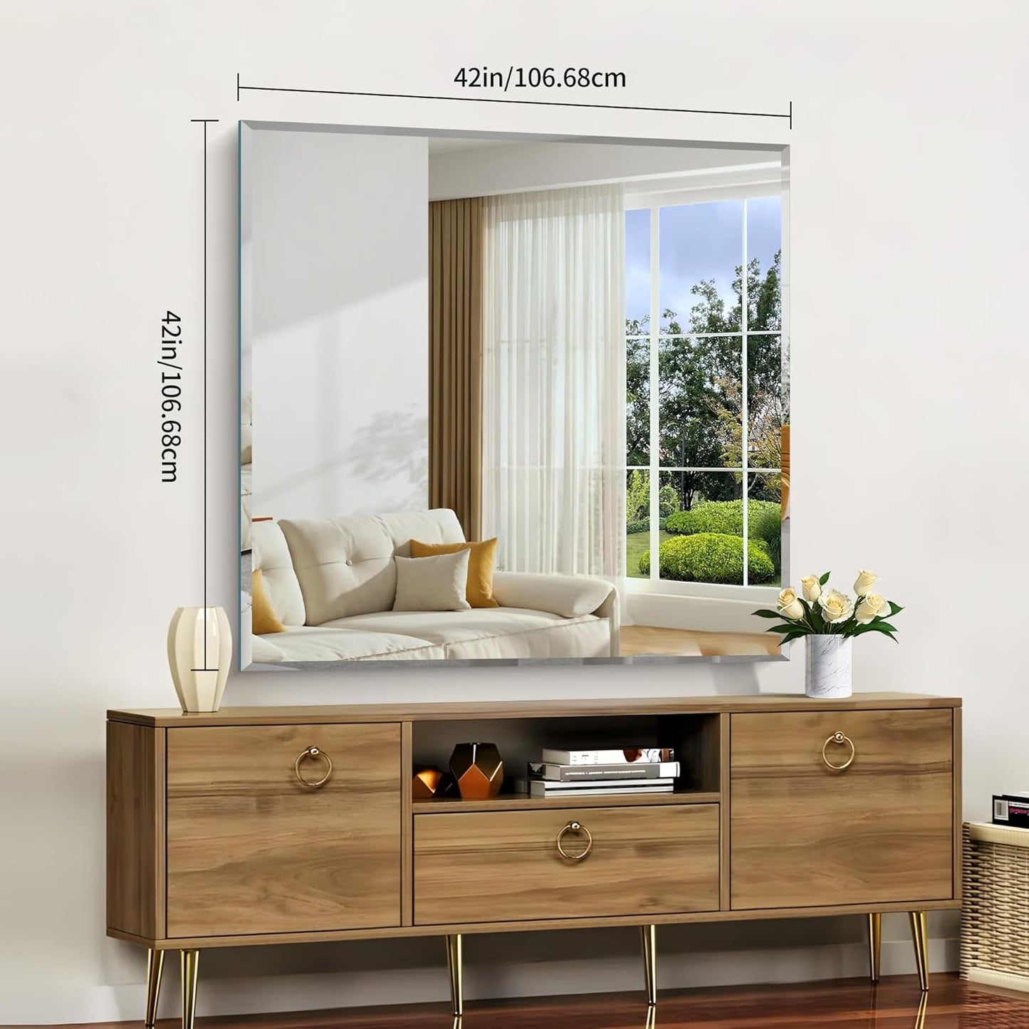 Beveled Mirror, 42x42 inch Square Bathroom Mirrors for Wall, Upgraded Shatterproof Frameless Vanity Mirror Over Sink with Beveled Edge for Bathroom,Bedroom,Living Room and Entryway
