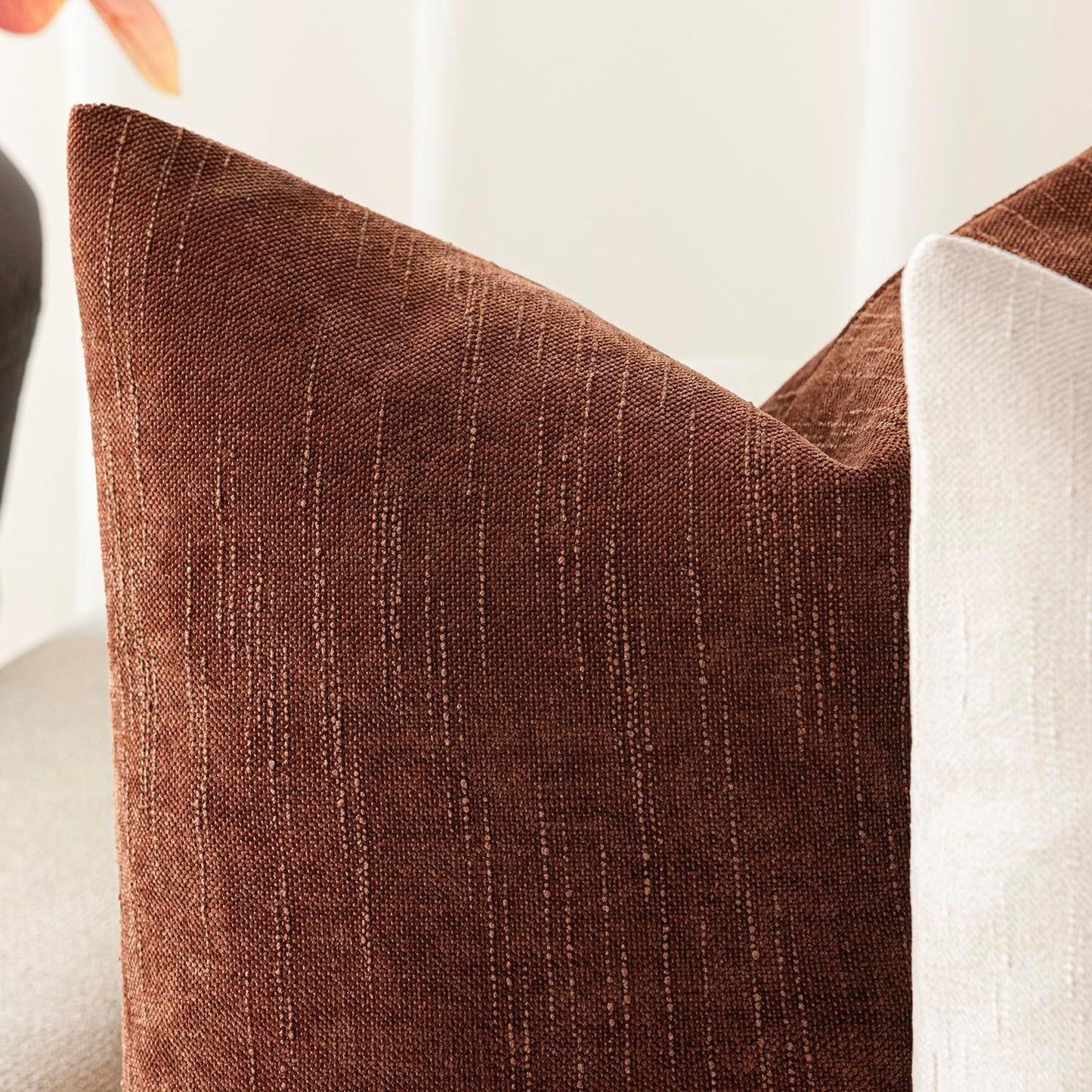 Foindtower Pack of 2 Soft Textured Chenille Throw Decorative Pillow Covers Square Accent Solid Cushion Cover Cozy Neutral Farmhouse Pillow Case for Couch Sofa Bedroom Living Room 24x24 Inch,Red Taupe