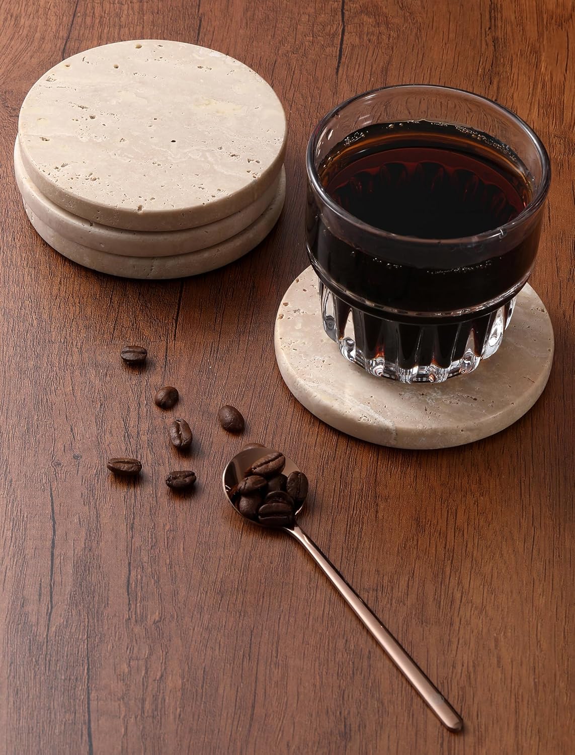 Beige Travertine Coasters Set of 4,Marble Absorbent Coasters 4 '',Ideal for Housewarming Gifts, Anniversaries, Office Decorations - Protects countertops - Sturdy and Durable, Beautiful and Generous