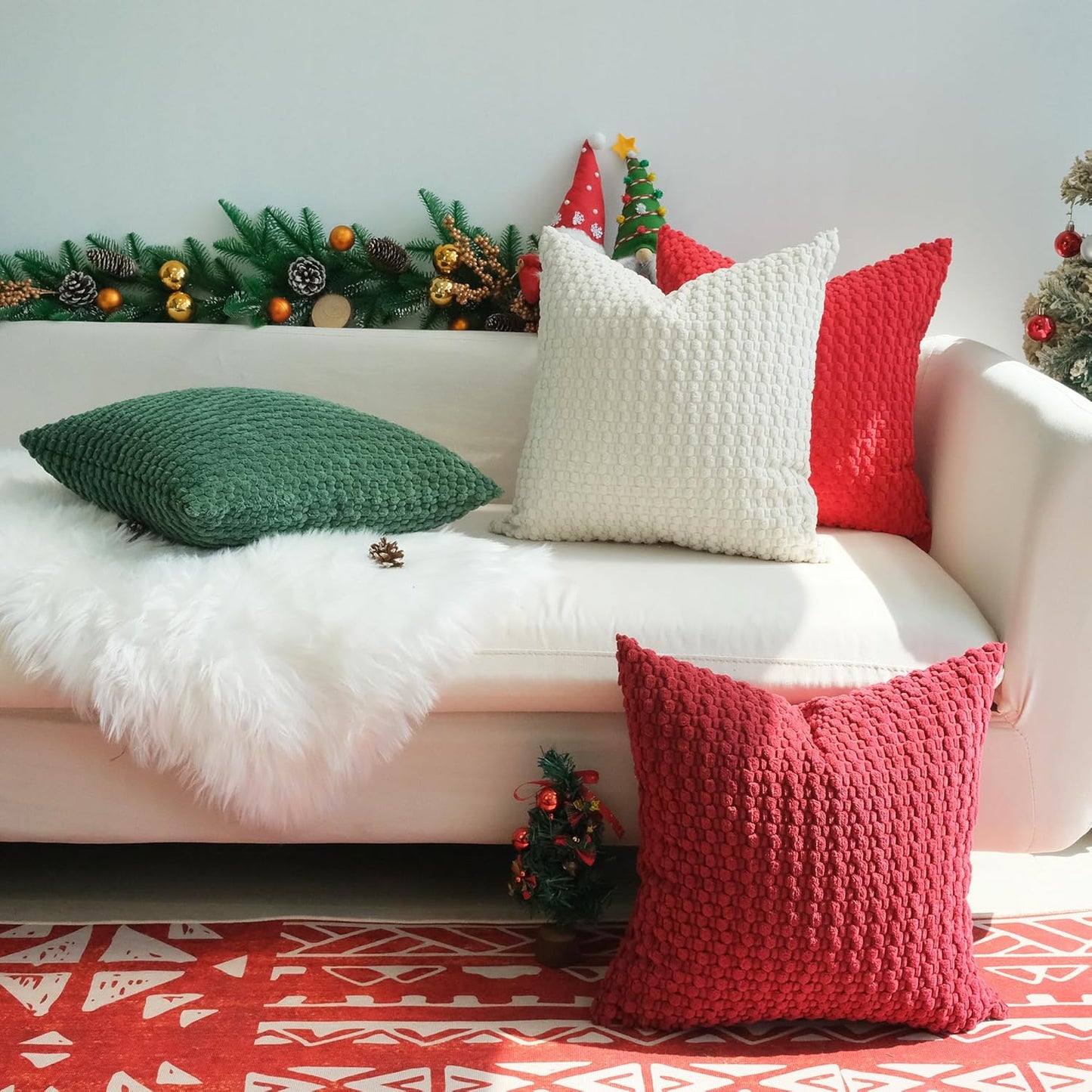 JOJUSIS Pack of 4 Christmas Decorative Throw Pillow Covers Farmhouse Boho Home Decor Striped Corduroy Square Pillowcases 24 x 24 Inch Christmas Red Green Burgundy Cream White