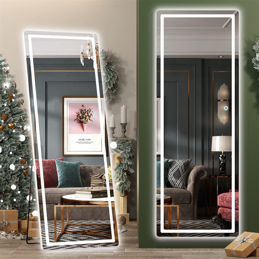 Hasipu Full Length Mirror with Lights, 65" x 22" LED Floor Mirror, Full Body Dressing Standing, Hanging Mounted Mirror for Living Room Bedroom Cloakroom, Round White