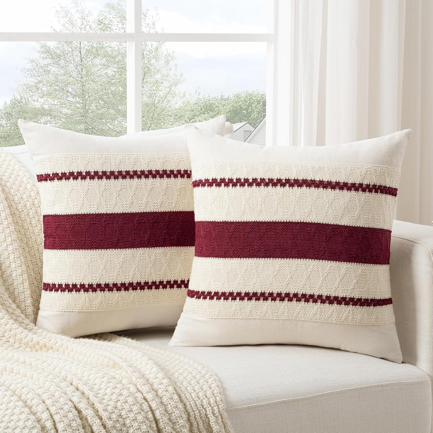 Fancy Homi Set of 1 Burgundy Boho Decorative Throw Pillow Covers 20x20 Inch for Couch Bed Sofa, Aesthetic Modern Farmhouse Christmas Room Decor, Soft Cotton Cute Textured Wind Red Cushion Case