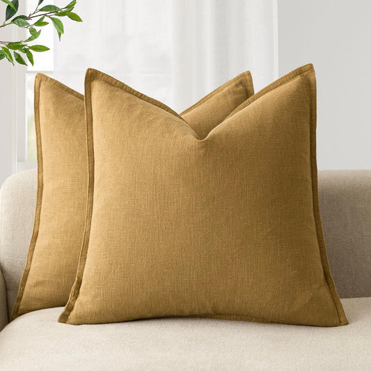 Foindtower Pack of 2, Decorative Linen Soild Throw Pillow Covers Soft Accent Cushion Case Boho Farmhouse Pillowcase for Chair Couch Sofa Bedroom Living Room Home Decor 24 x 24 Inch Honey Mustard