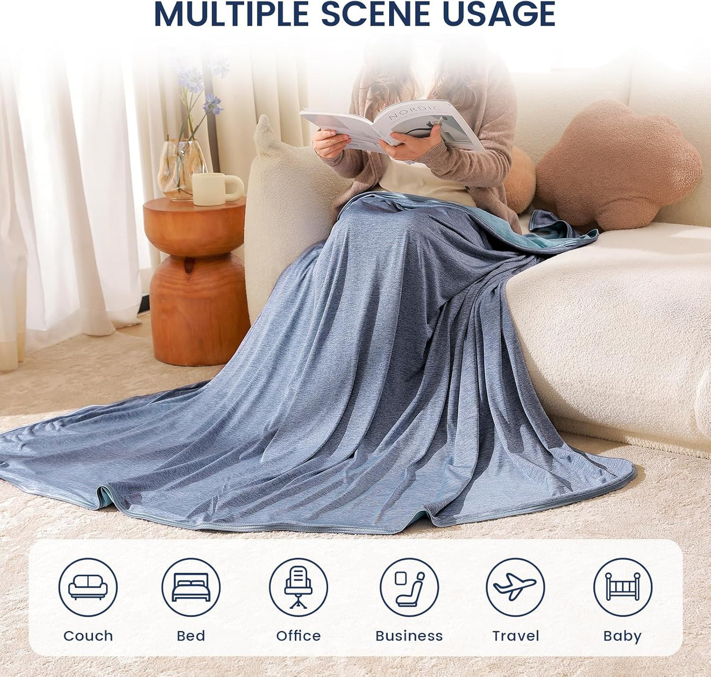 Cooling Blanket for Hot Sleepers, Summer Cold Throw for Hot Flashes or Night Sweats, Q-Max>0.45 Cool Fiber for Bed Couch, Lightweight, Comfort, Double Side, Queen Size, 79x86 in, Blue