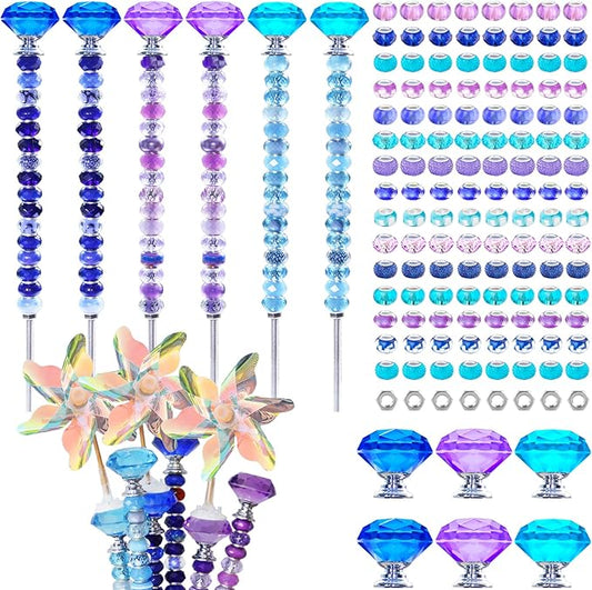 148 PCS Beaded Garden Stakes Kit, DIY Fairy Wand Garden Stake Beads Kits with Assortment Large Hole Beads 6 Crystal Stopper Top Threaded Rods and 3 Colored Small Windmills for Outdoor Indoor Decor