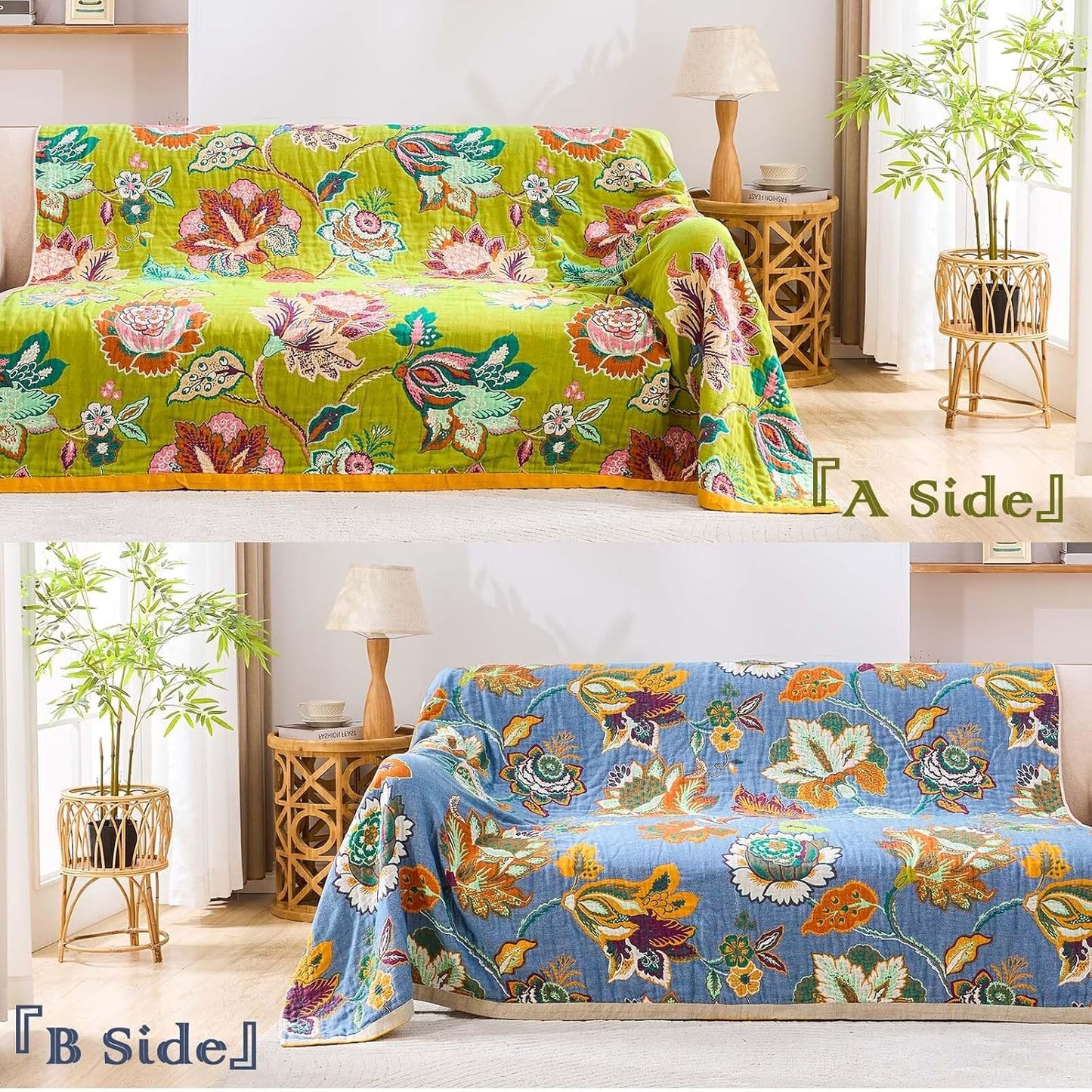 Fall Throw Blanket, 100% Cotton Soft Rustic Boho Throw Blanket for Bed, 60"x80" Farmhouse Decor Bed Flower Blankets, Light Weight Reversible Bohemian Throw Quilt