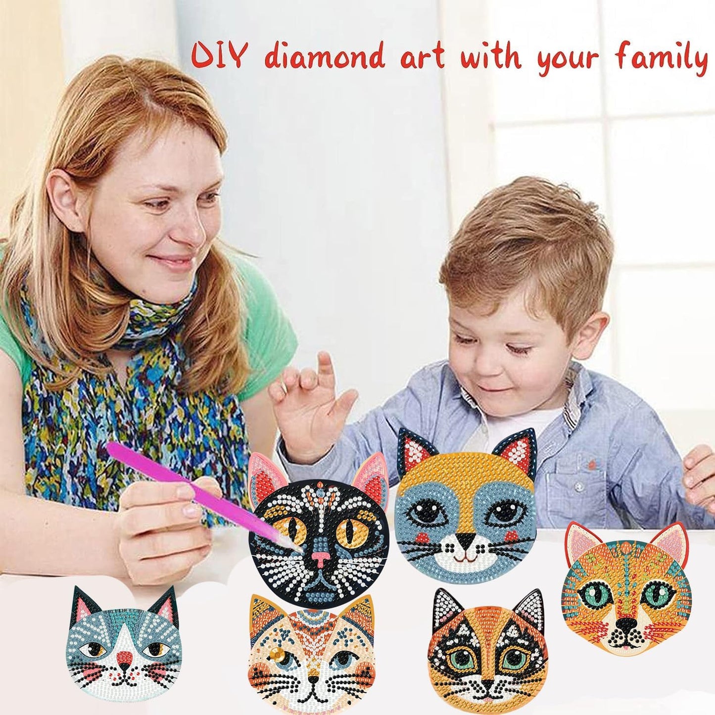 Meothan 6 Pcs Diamond Art Coasters Kits for Adults with Holder Cork Pads, Cats Diamond Dots Art Painting Coasters Crafts Kit for Home Office Decor Gifts (Cat Head Shaped)