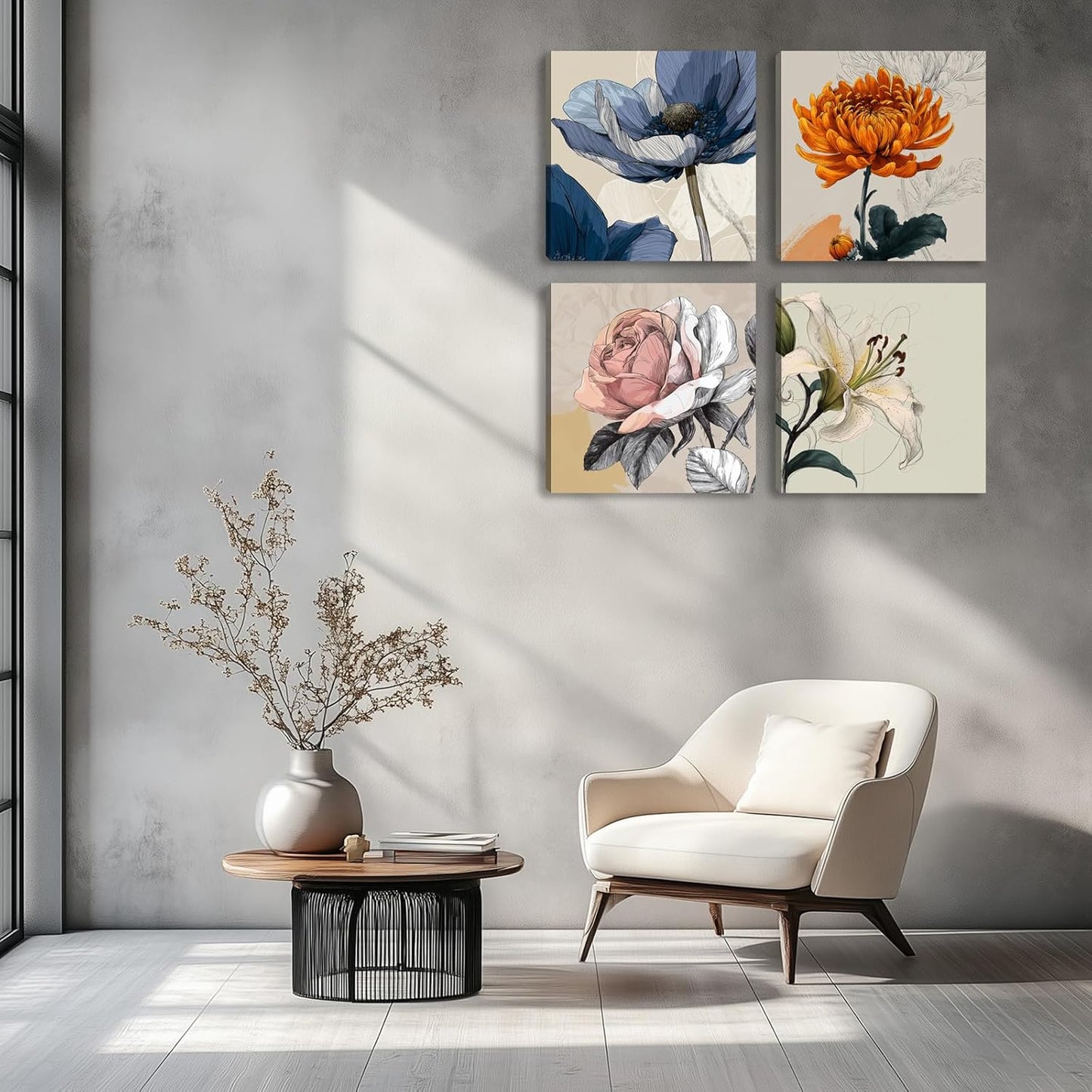 Framed Botanical Wall Art for Living Room Rustic Boho Floral Canvas Paintings Prints Flower Pictures for Farmhouse Hallway Bedroom Dining Room Bathroom Office Wall Decor ArtWork for Wall