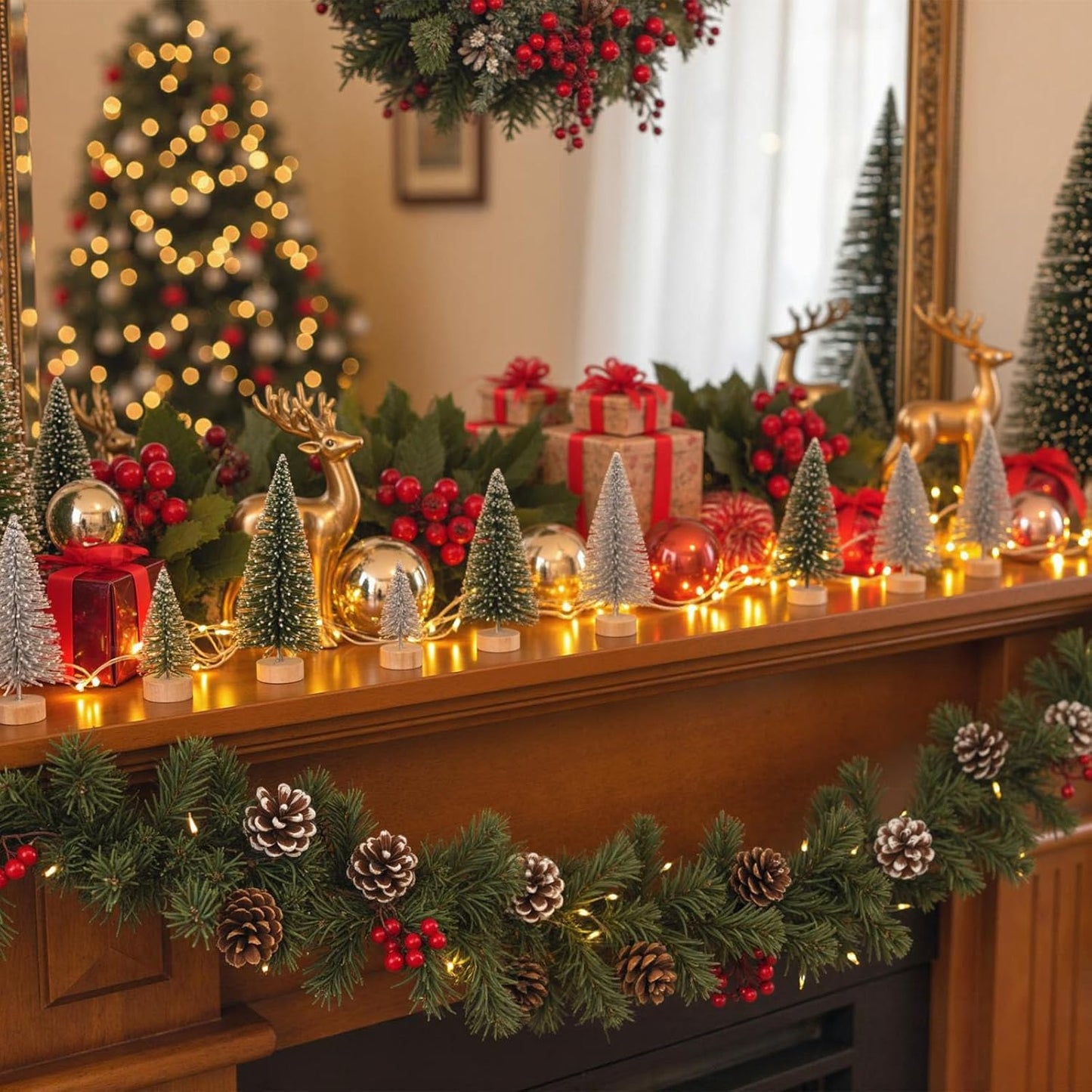 LOVEINUSA 45PCS Colorful Mini Christmas Trees, Snow Frosted Sisal Trees Colored Bottle Brush Xmas Trees with Wooden Base for Xmas Winter Home Table Decoration