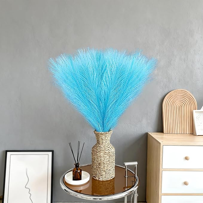50pcs Faux Pampas Grass, 21.6" Short Artificial Pompous Grass Branches for Vase Filler Home Table Centerpieces Wedding Decor (Light Blue)