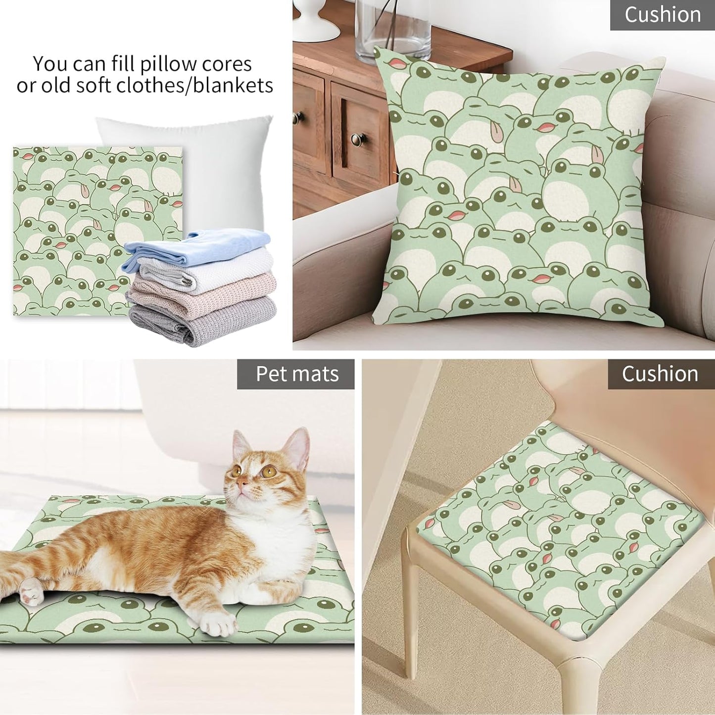 Decorative Throw Pillow Covers 18x18 Inch, Cute Home Decor for Living Room Outdoor Funny Pillowcase Polyester Cushion Case Green Frog Pattern