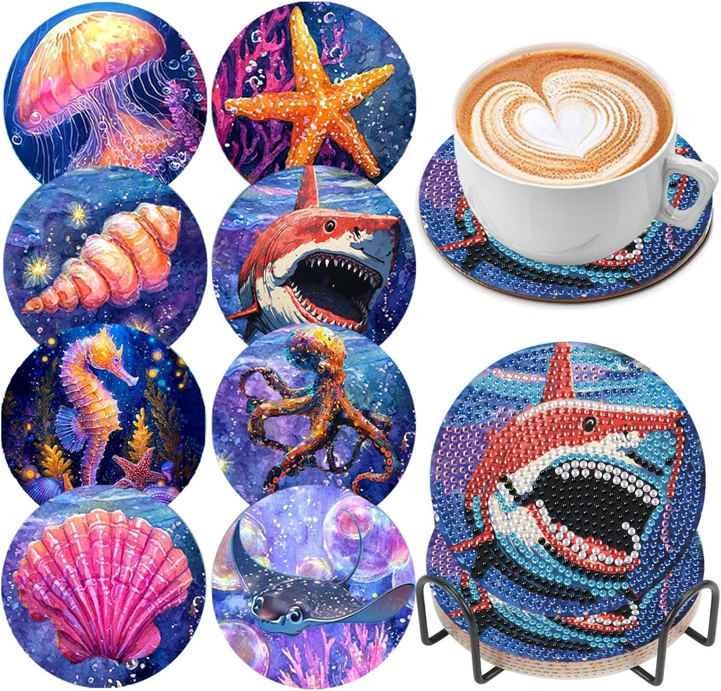 DOZEEZOP 8 PCS Diamond Art Coasters Kit, 5D Diamond Painting Coasters with Holder, Fall Small Diamond Art Kits for Adults Beginners, Diamond Dots Arts and Crafts Supplies Ocean