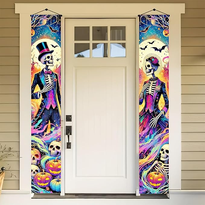 Skeleton Gentleman Lady Door Banner 12x71 Inch Halloween Holiday Porch Hanging Indoor Outdoor Front Door Vertical Decoration Purple Black Neon Pumpkin Bat Gothic Party Celebration Decor