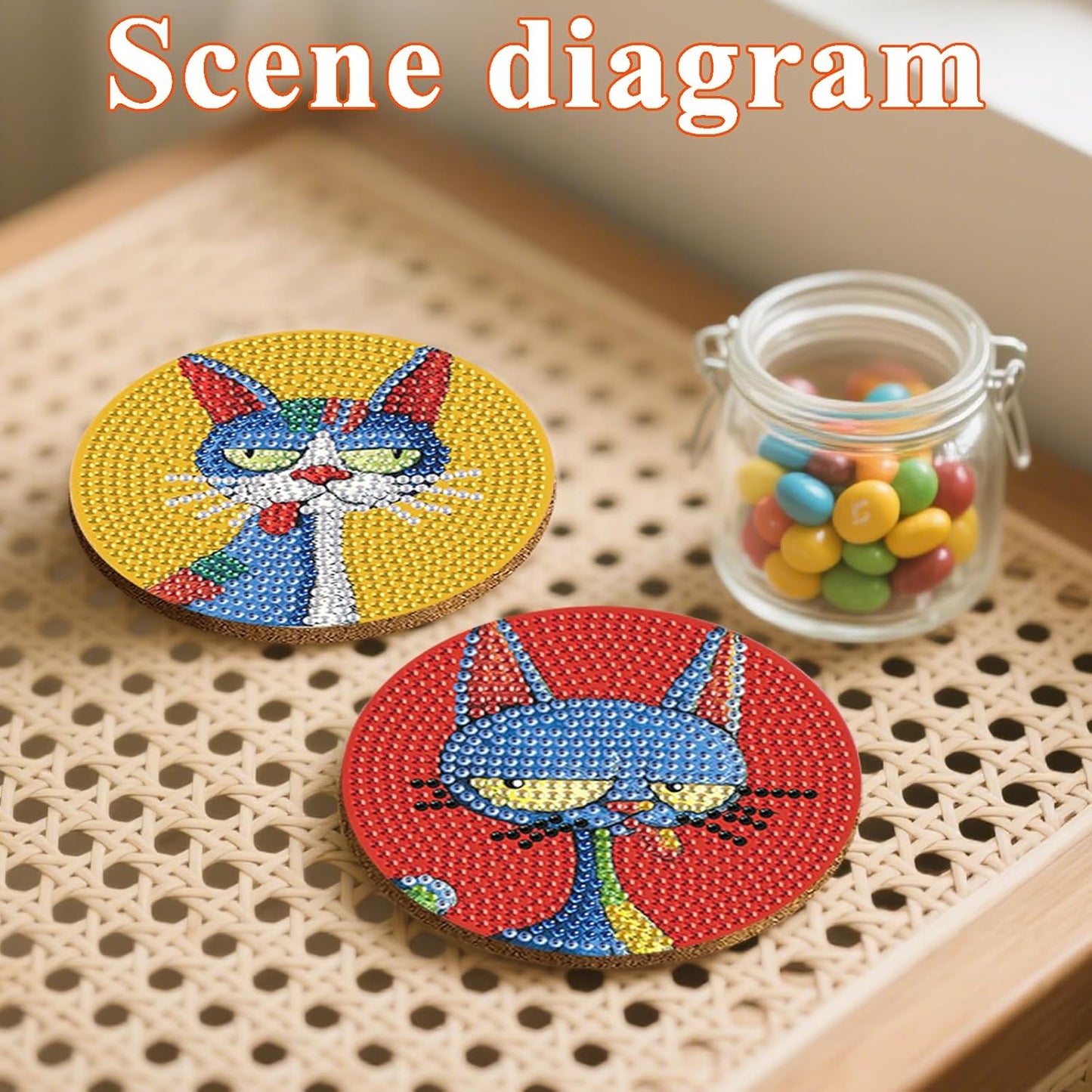 DOTSOPS Cat Diamond Art Coaster with Holder 5D Diamond Painting Kits for Adults Round Full Drill Beginners Gem Dots Craft Arts Supplies Party Home Decor 8PCS