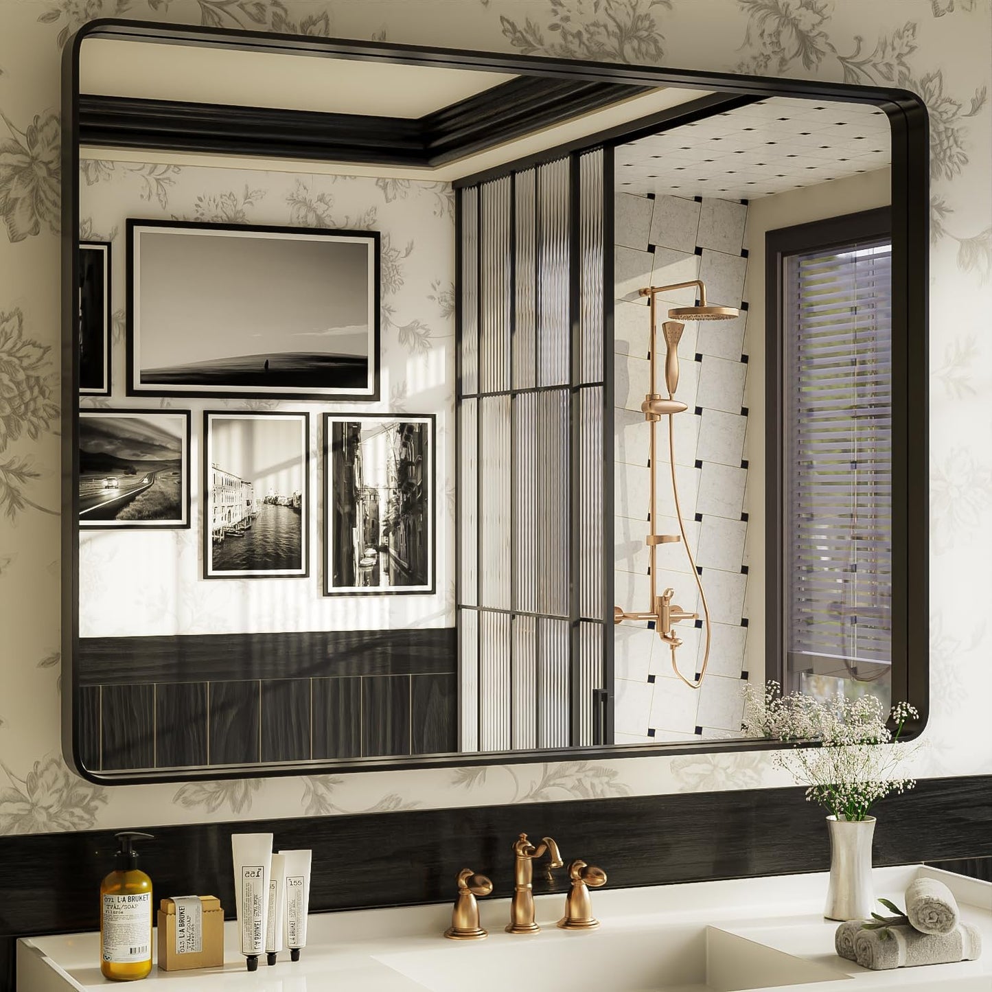 ISKM Black Framed Mirror for Bathroom 48" x 36" Decorative Rectangular Wall Mounted Mirror Shatter-Proof Best for Washroom, Bedroom, Living Room (Horizontal/Vertical)