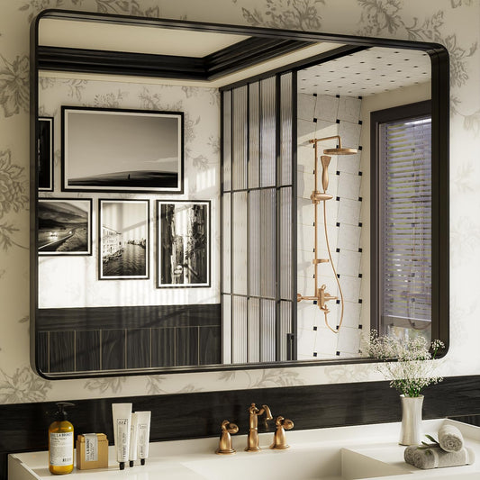 ISKM Black Framed Mirror for Bathroom 48" x 36" Decorative Rectangular Wall Mounted Mirror Shatter-Proof Best for Washroom, Bedroom, Living Room (Horizontal/Vertical)