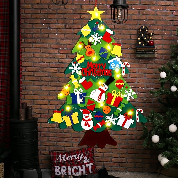 3.2 Ft Felt Christmas Tree for Toddlers with 32 Detachable Ornaments and String Lights, Xmas Gifts, Door Wall Hanging Decorations Indoor