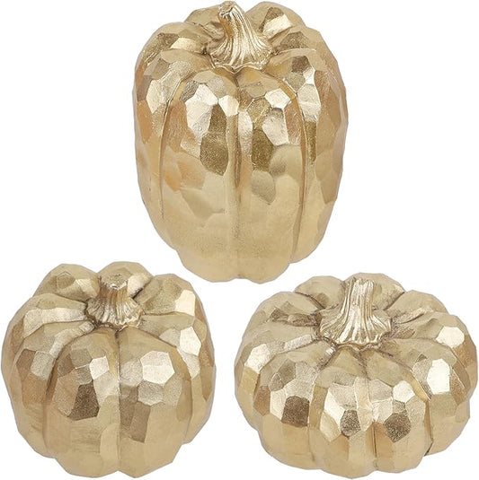 winemana 3 Pack Fall Decor for Home-Gold Pumpkins Thanksgiving Decorations, Table, Fireplace Mantel, Office, Elegant Decorative Pumpkin Autumn Indoor Decor