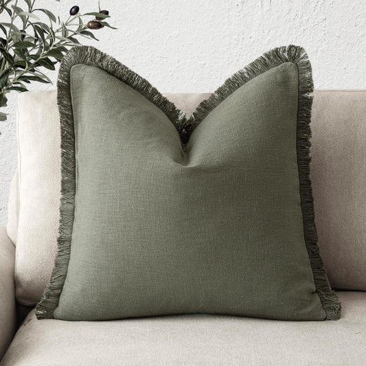 Foindtower Decorative Linen Fringe Throw Pillow Covers Cozy Boho Farmhouse Cushion Cover with Tassel Soft Accent Pillowcase for Chair Sofa Bed Living Room Home Decor, 20×20 Inch, 1PC, Olive Green