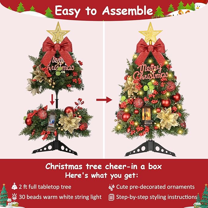 Uspring 2Ft Small Christmas Tree with Lights, Artificial Table Top Christmas Tree with Pre-Decorated Ornaments LED Lights, Mini Xmas Trees with Hanging Snow Globe Lanterns for Indoor Holiday Decor