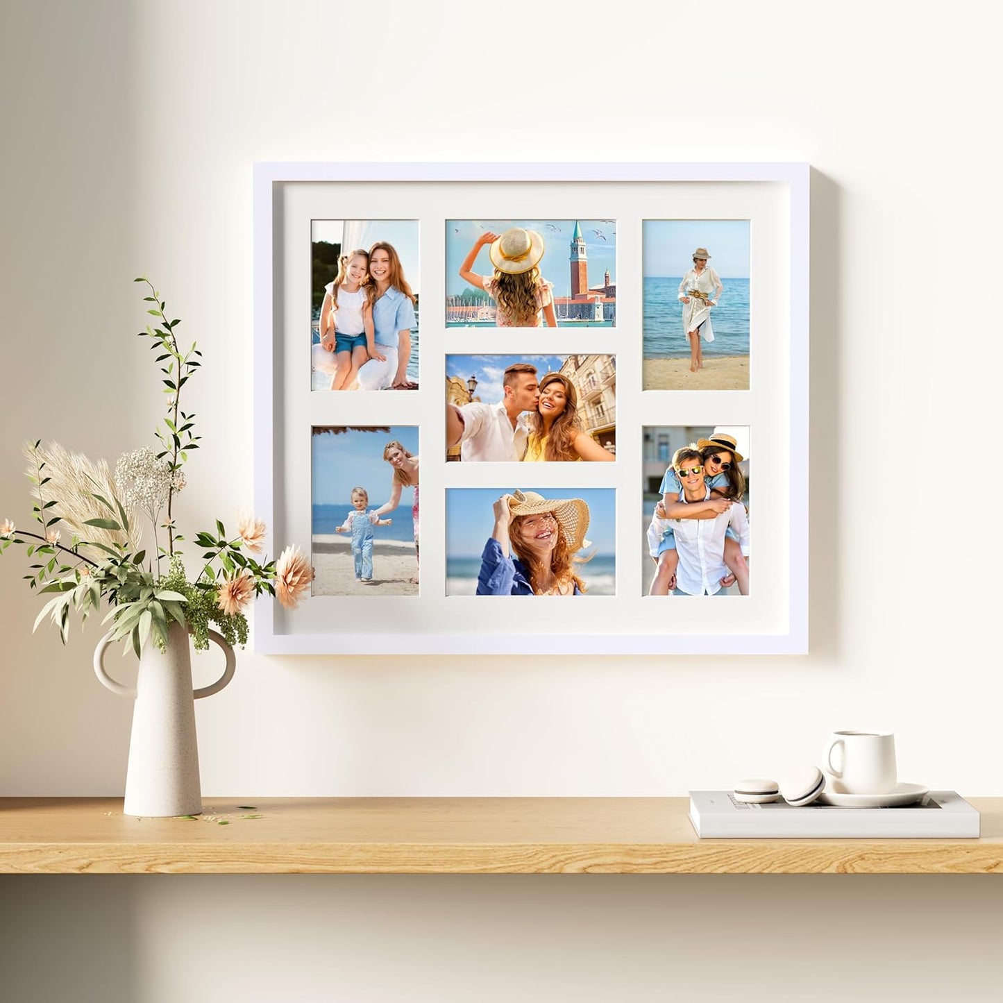 decorUhome 15x17 Picture Frames Collage Wall Decor, Display 7Pcs 4x6 Photos with Mat or 1Pcs 15x17 Unmatted, 7 4x6 Collage Picture Frames for Wall Mounting, White