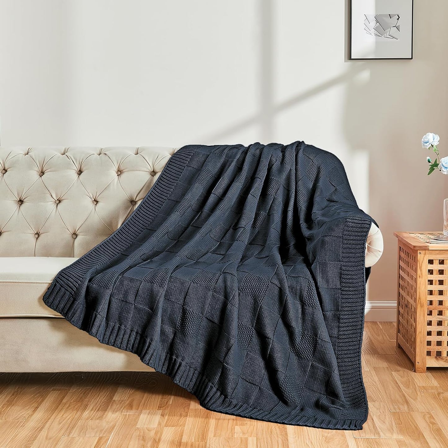 CozeCube Check Knit Throw Blanket, Midnight Navy Checkered Throw for Couch, Decorative Christmas Soft Cozy Warm Knitted Blanket for Bed Sofa Living Room, 60"X80"