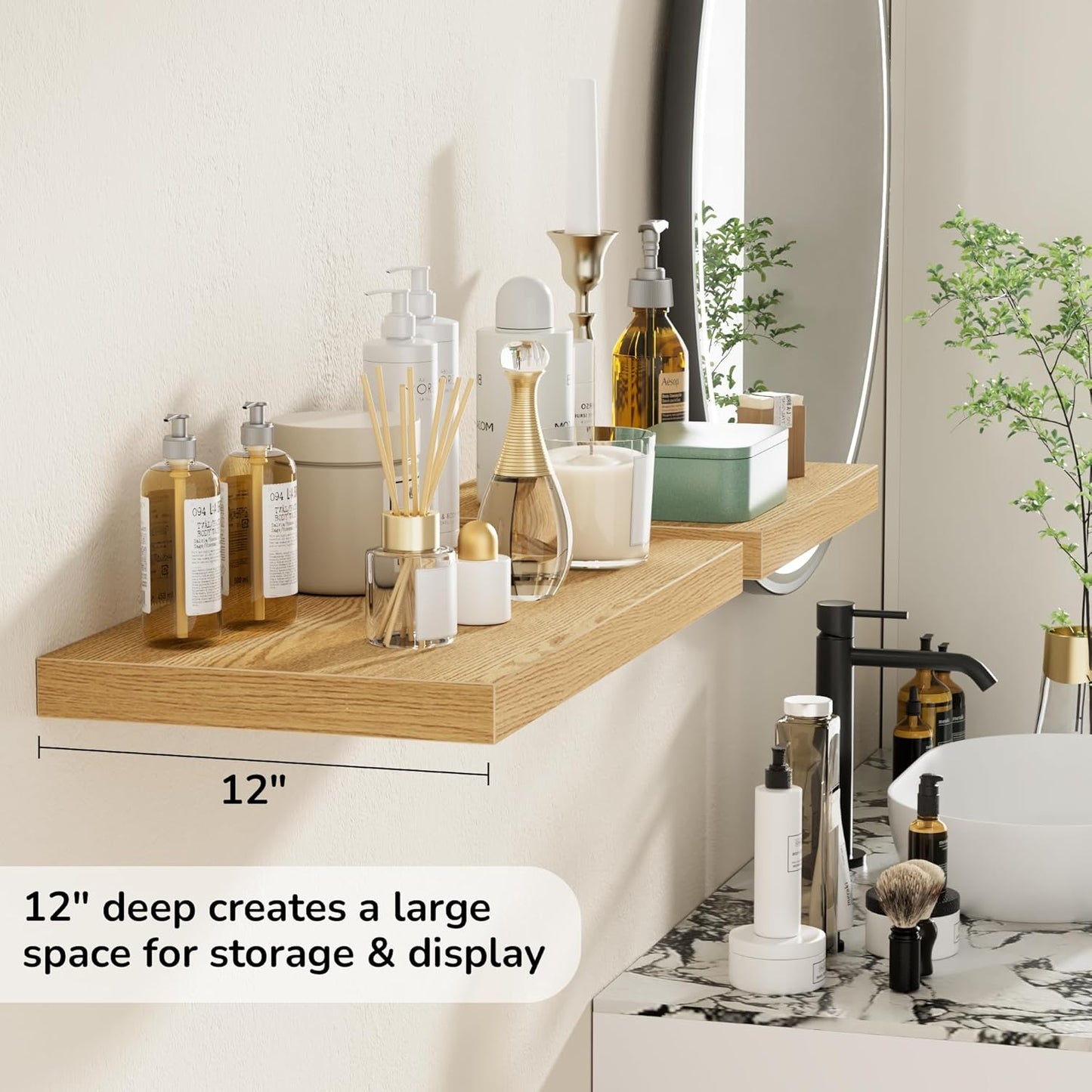 Fun Memories Floating Shelves - 2 Pack 12 Inch Deep Rustic Wooden Wall Shelves - Extra Deeper & Thicker Wall Mounted Storage Shelf for Living Room, Kitchen, Farmhouse - 24" W x 12" D x 1.5" H - Oak