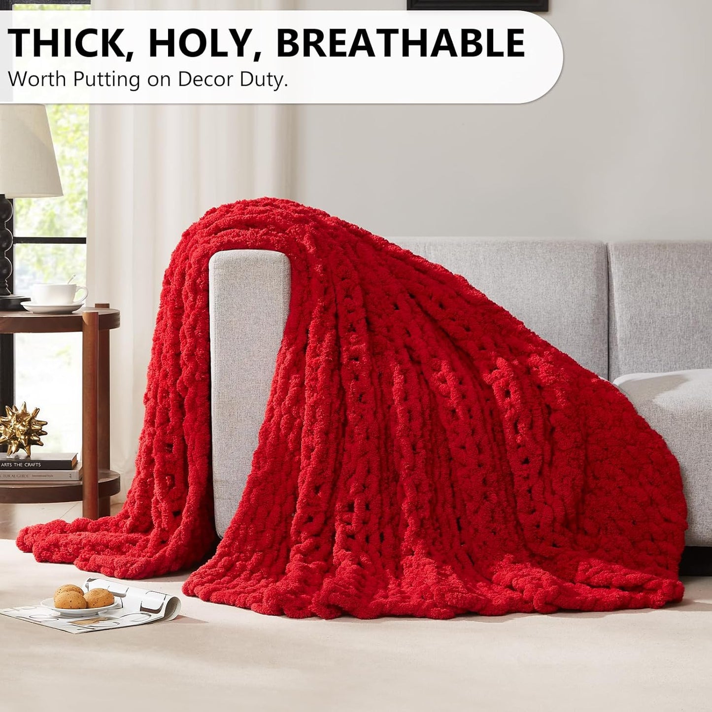 L'AGRATY Chunky Knit Blanket Throw - Soft Chunky Throw Blanket 50x60: 100% Hand Kintted Chenile Crochet Blanket Large Cable Knit Chunky Blanket - Rope Knot Throw Blanket for Couch Home Decor(Red)