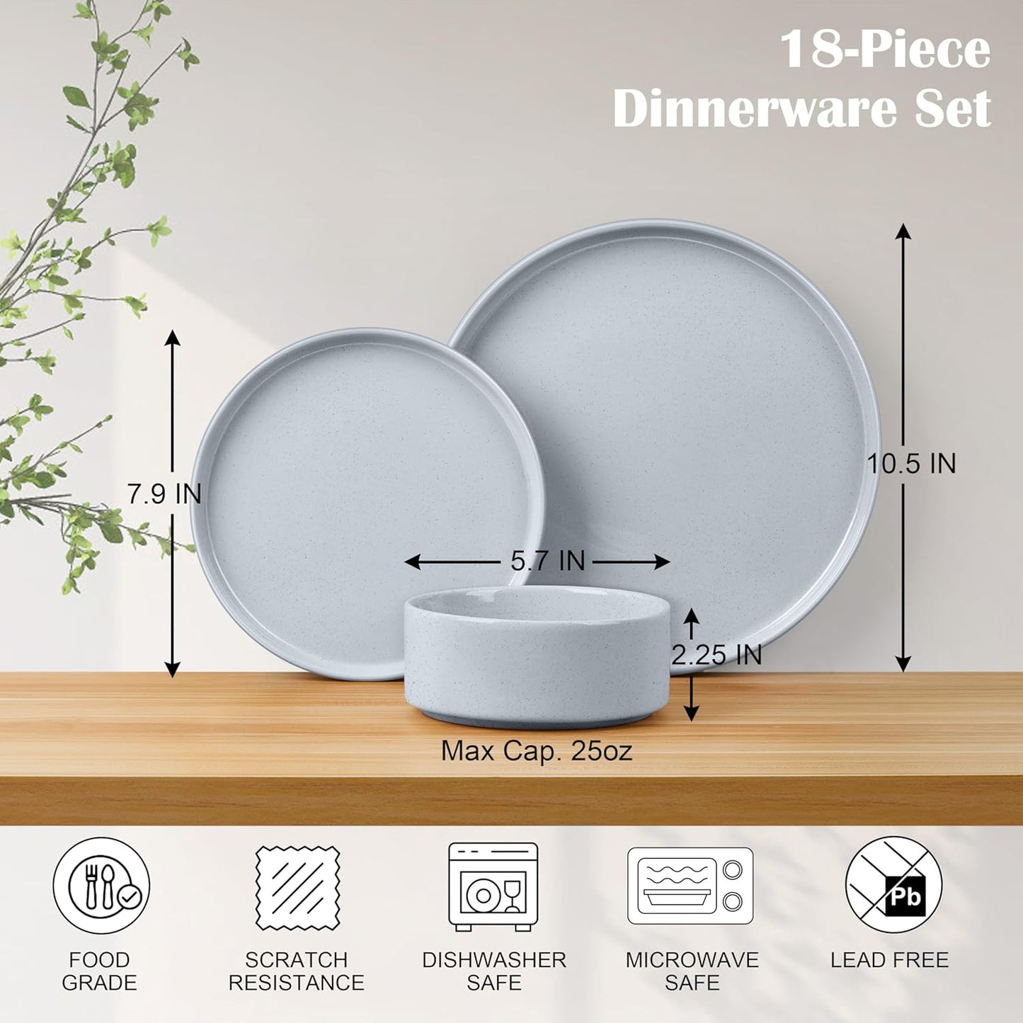 E-far Dinnerware Sets for 6, 18-Piece Stoneware Plates and Bowls Dish Set, Modern Kitchen Dinning Dishware, Chip and Scratch Resistant, Microwave & Dishwasher Safe, Speckled Gray