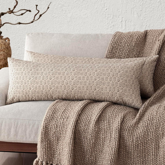 Foindtower Set of 2 Decorative Long Body Lumbar Throw Pillow Covers Vintage Accent Farmhouse Cushion Covers Neutral Home Decor for Sofa Couch Chair Bedroom Living Room,14×36 Inch,Ivory Beige