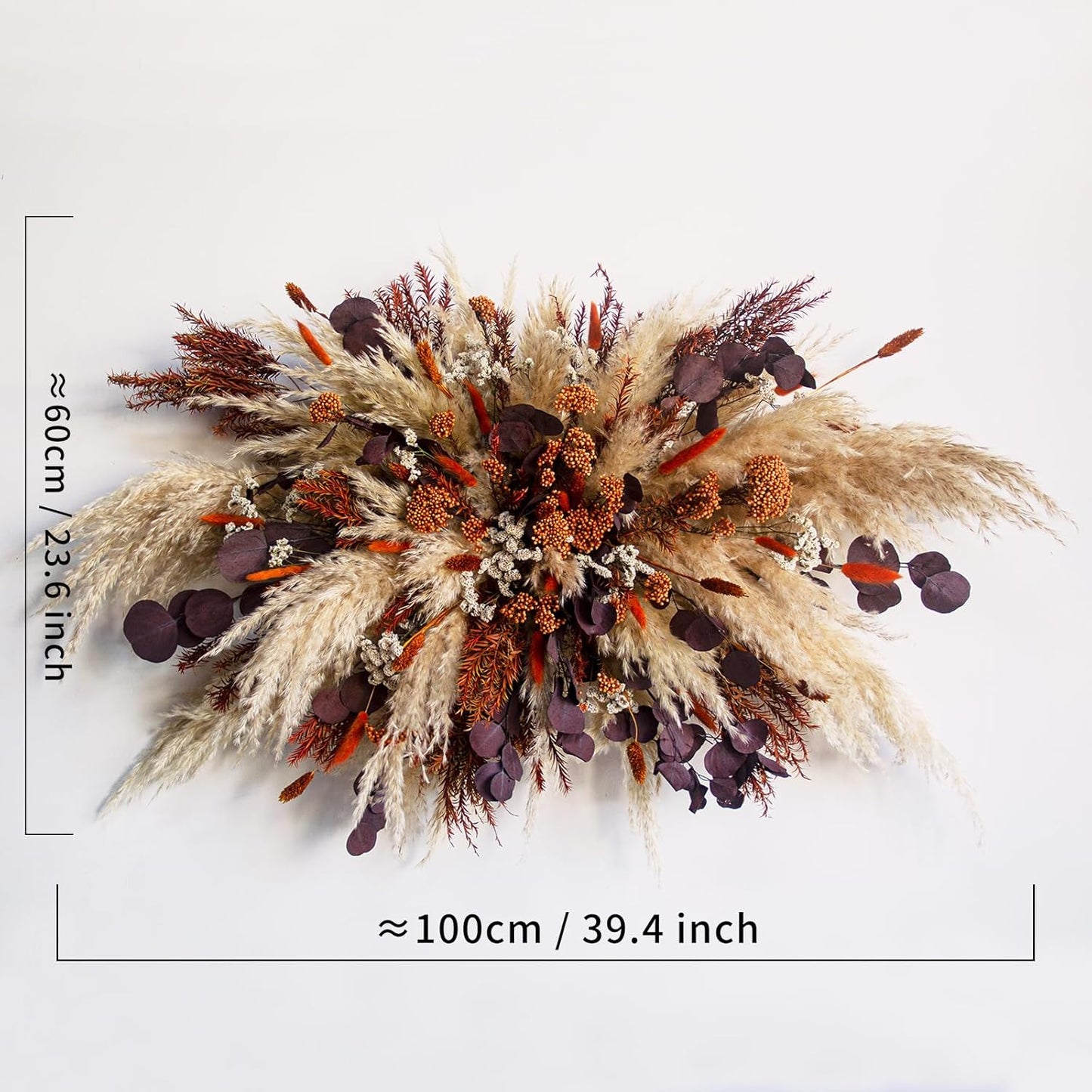 Fall Pampas Grass Wall Decor, Boho Floral Arch Swag with Orange Accents and Purple Eucalyptus, Thanksgiving Wedding Backdrop Arrangement