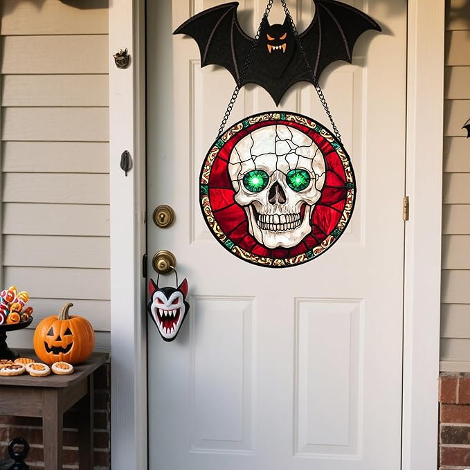 Stained Glass Window Hanging - Halloween Decorations Vampire Skeleton Suncatcher for Doors Garden Indoor Spooky Funny Sun Catchers Gothic Decor Horror Gifts for Women Men Friend 11.8 in
