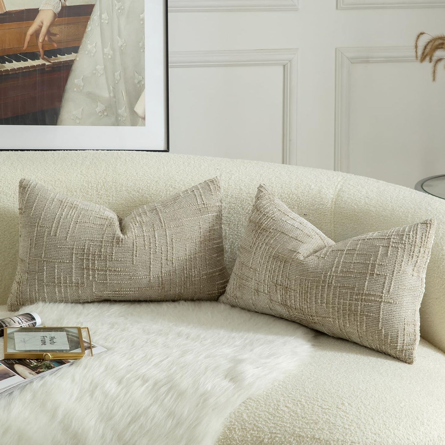 MANDIOO Pack of 2 Soft Chenille Textured Throw Pillow Covers Lumbar Accent Solid Decorative Cushion Cover Cozy Farmhouse Pillow Case for Couch Sofa Bed Living Room 12x20 Inch Khaki