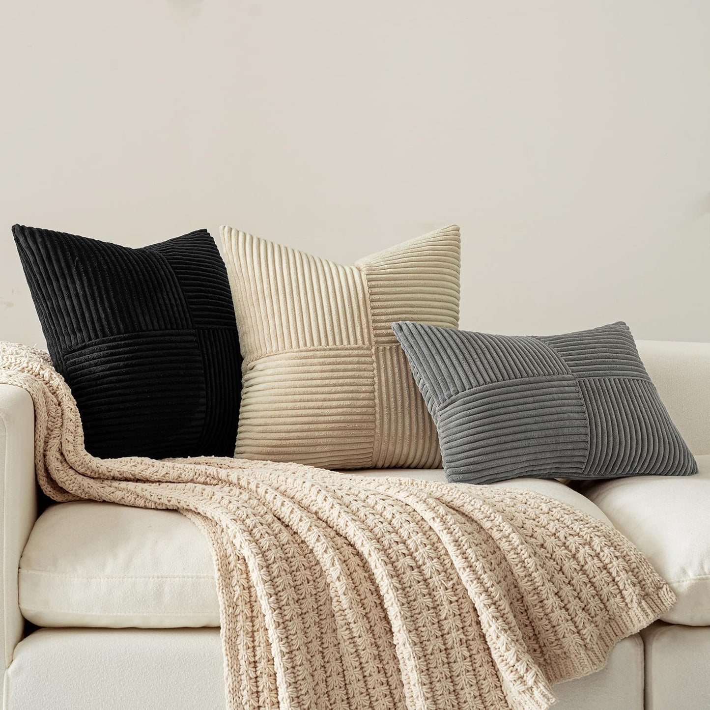 MIULEE Black Corduroy Pillow Covers Pack of 2 Boho Decorative Spliced Throw Pillow Covers Soft Solid Couch Pillowcases Cross Patchwork Textured Cushion Covers for Living Room Bed Sofa 14x22 inch