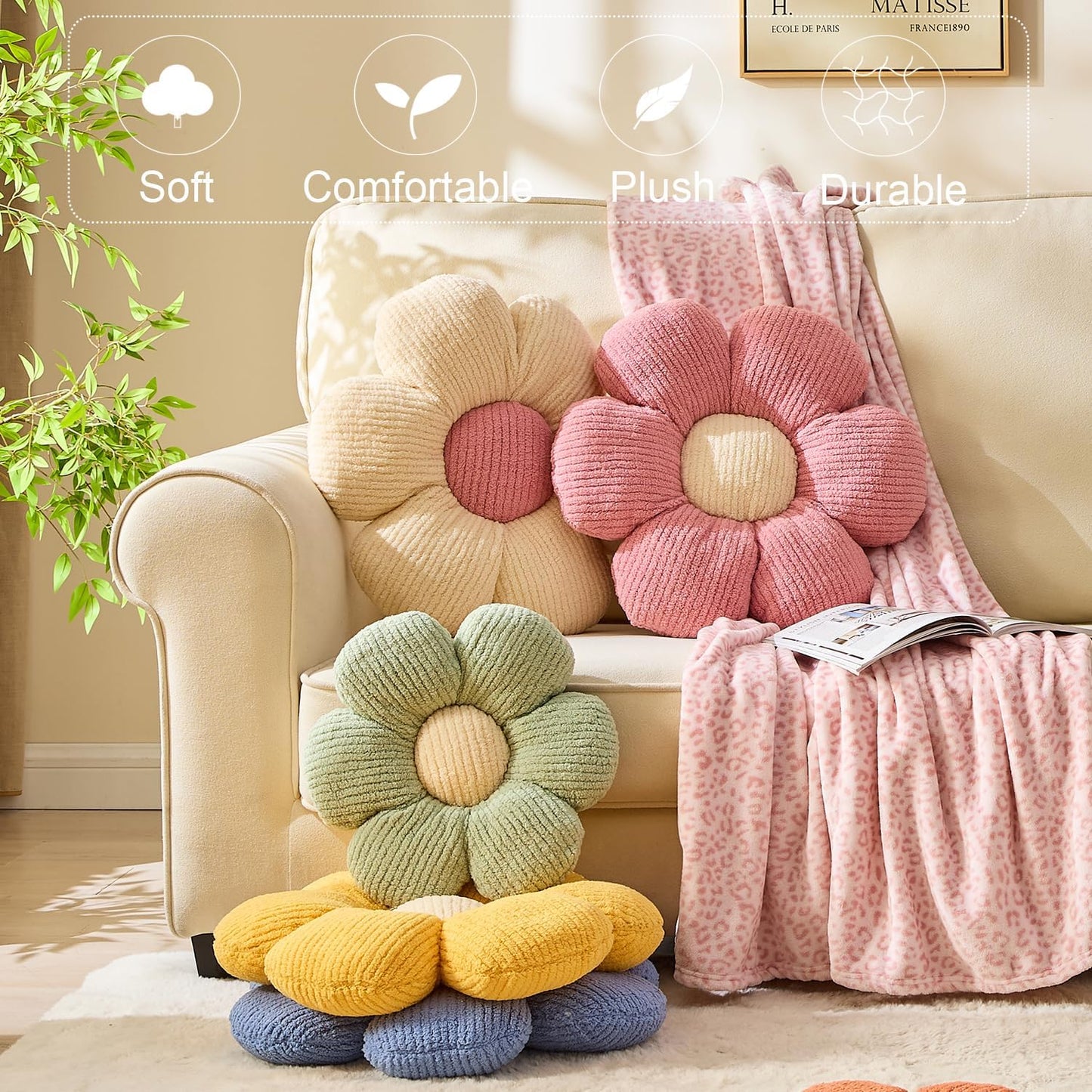 Flower Pillow Flowers Shaped Pillow Cushion Decorative Daisy Pillow for Bed Cute Throw Pillow Flower Floor Pillow Soft Seat Cushion Purple Cushion 19.6"