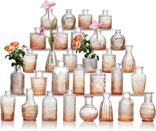 Glass Bud Vase Set of 30 - Small Vases for Flowers in Bulk - Assorted Vintage Crystal Vases for Flowers, Table Centerpieces (Amber, 30 Pcs)