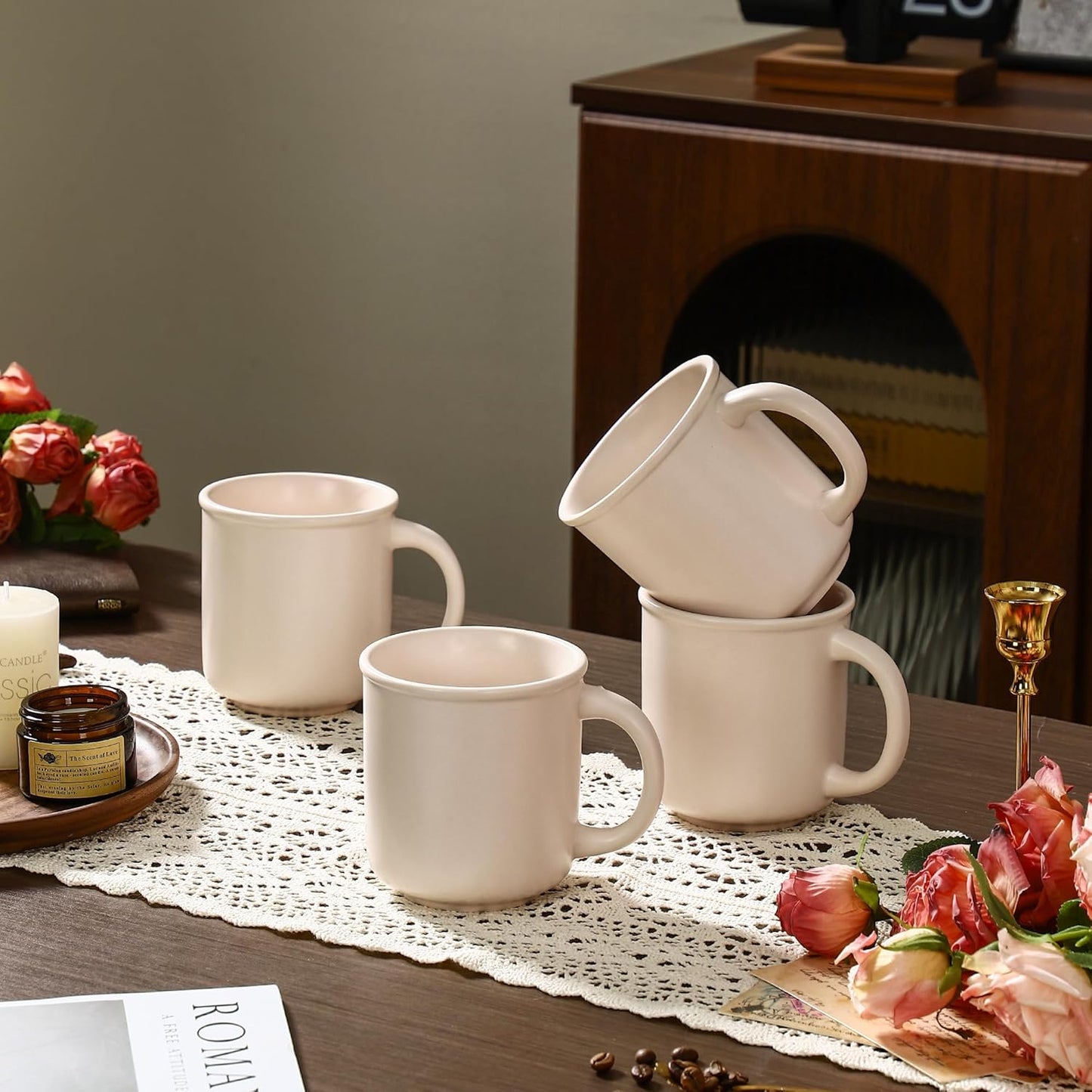 GZG 18 oz Coffee Mugs Set of 4, Modern Ceramic Coffee Cups Set with Handle, Large Coffee Mugs for Tea, Latte, Milk, Cocoa, Rustic Matte Glaze, Microwave & Dishwasher Safe(Cream Mist)